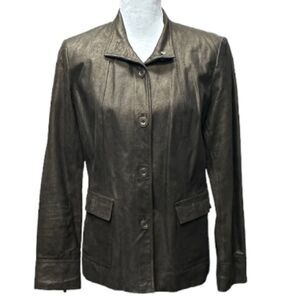 Alfani Brown Genuine Leather‎ Jacket With Copper Gold Sheen Womens Size M Zip Up